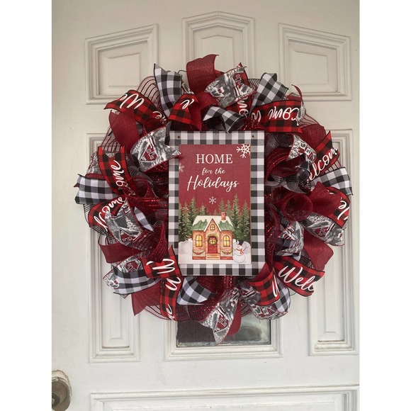 Buffalo Plaid Check Welcome Home for the Holidays Mesh Ribbon Christmas Wreath - Picture 1 of 6